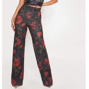 Red Crepe Floral Wide Leg Pants, NWT, Sz 0